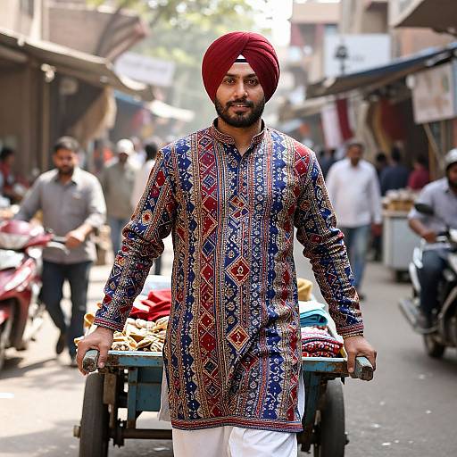 Photograph of a bearded South Asian man with a red turban, wearing a colorful embroidered kurta, pushing a cart in a bustling market street
