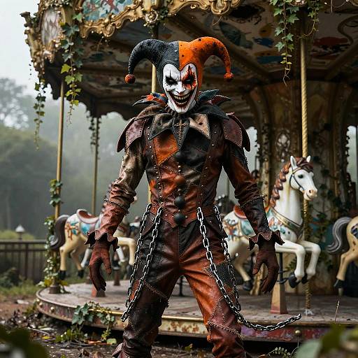 Photograph of a Joker-like figure in a dark, chained jester costume with a split orange and black jester hat, standing menacingly on a