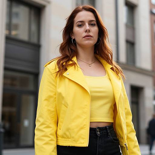 Photograph of a confident woman with long red hair, wearing a bright yellow jacket and crop top, black jeans, standing in an urban street with blurred