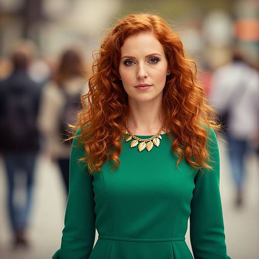 Photograph of a red-haired woman with curly hair, wearing a green dress and gold leaf necklace, standing in a blurred, busy city street.