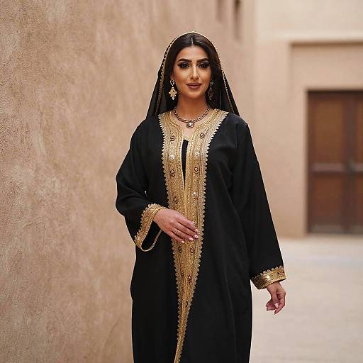 Photograph of an elegant woman with long black hair, wearing a black and gold embroidered traditional dress, standing in a beige stone alleyway.