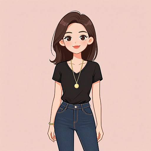 Digital anime-style drawing of a smiling woman with fair skin, brown shoulder-length hair, black t-shirt, blue jeans, gold necklace, and bracelet.