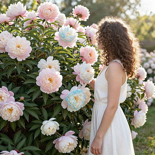 Photograph of a curly-haired woman in a white dress, standing amidst blooming pink and white peonies, sunlight backlighting her.