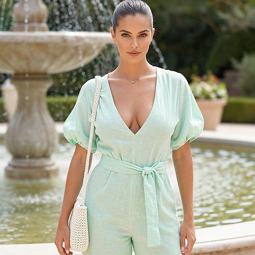 Pastel Chic Woman by Garden Fountain