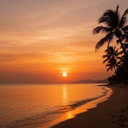 Photograph of a tropical sunset: orange and pink sky, silhouetted palm trees on the right, sun reflecting on calm ocean water, gentle