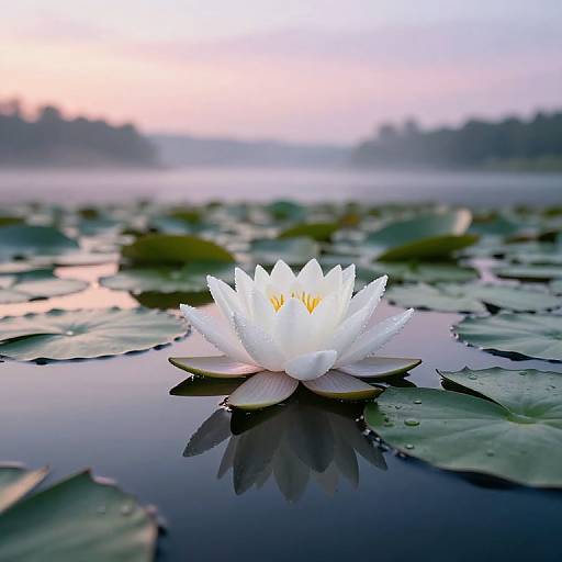 Photograph of a single white lotus flower with yellow center, floating on calm water with green lily pads, reflecting in the water, against a