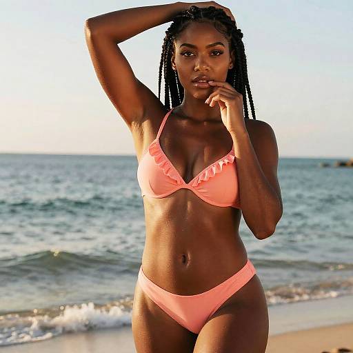 Photograph of a dark-skinned, athletic Black woman with braids in a bright orange bikini, standing on a sunlit beach with waves in the