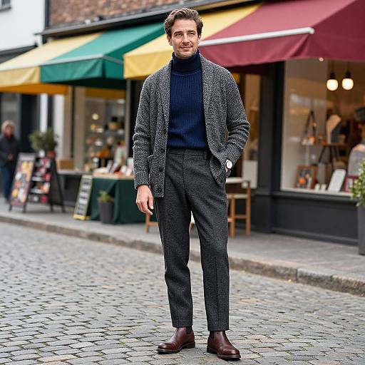 Photograph of a stylish man with dark hair, wearing a gray cardigan, black turtleneck, gray trousers, and brown shoes, standing on
