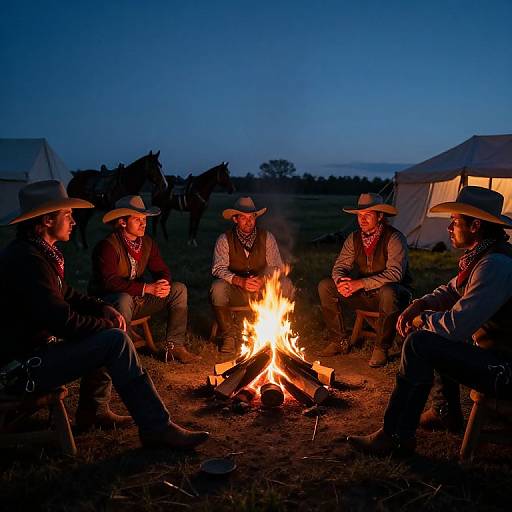 Photograph of five cowboy men in hats and vests sitting around a campfire at dusk, with tents and horses in the background.