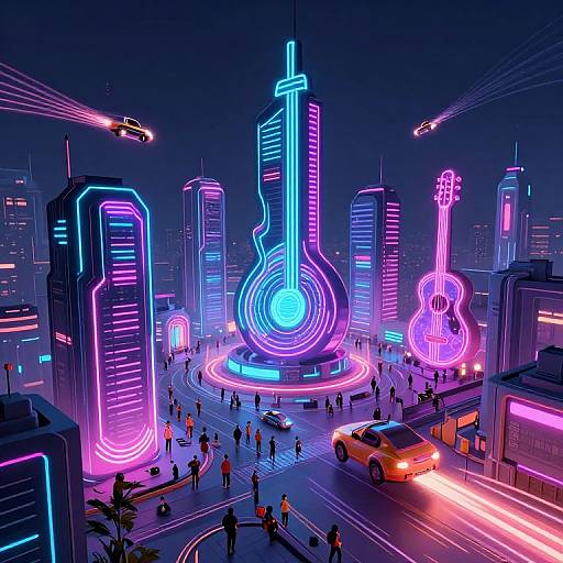 Neon-lit futuristic cityscape featuring glowing guitar and bass towers, illuminated skyscrapers, bustling pedestrians, and colorful cars at night. Digital art