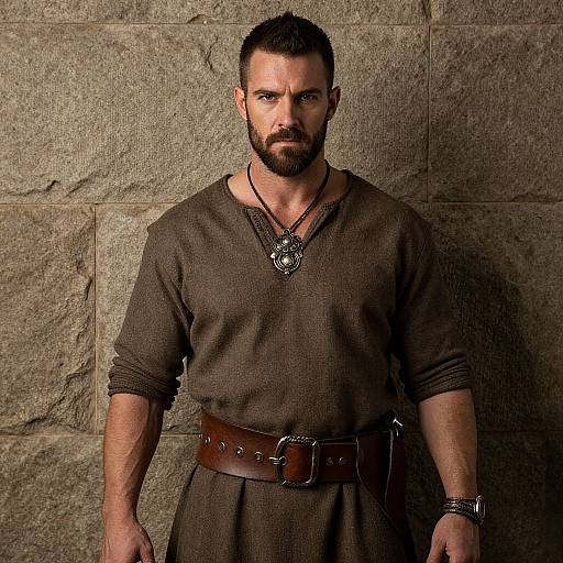 Photograph of a muscular, bearded man with short dark hair, wearing a brown medieval tunic, leather belt, and pendant, standing against a