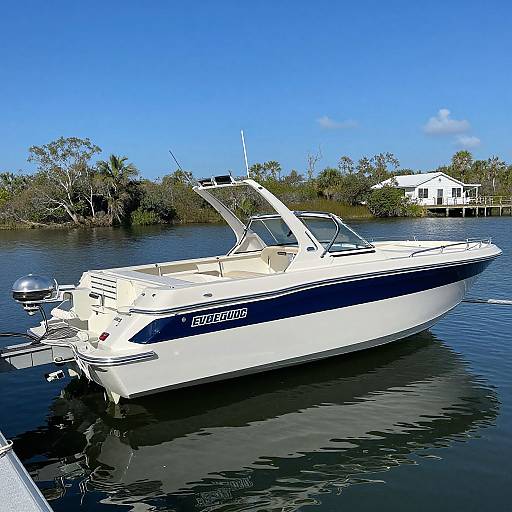 Photograph of a white and blue Boston Whaler boat with 