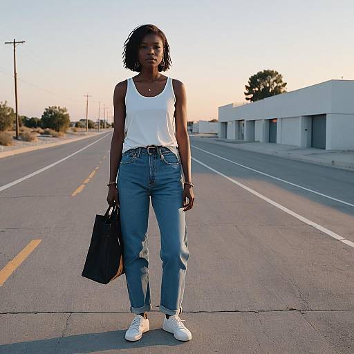 Woman in Casual Y2K Outfit on Desert Highway