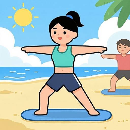 Cartoon illustration of a woman and man doing yoga on beach mats under sunny sky with palm tree and ocean.