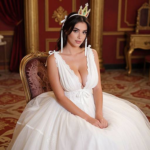 Photograph of a fair-skinned woman with dark hair, wearing a white, deep V-neck ball gown and gold crown, seated in an ornate