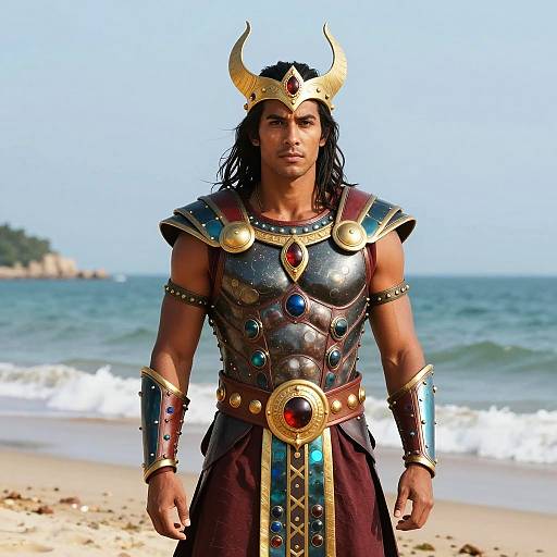 Man in Attuma Armor Costume on Beach