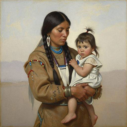 Photorealistic painting of a Native American woman with long black braids, wearing traditional brown dress and jewelry, cradling a curious toddler in a