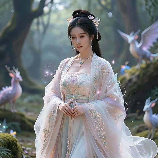 Digital painting of an East Asian woman in a white, ornately embroidered kimono with floral hairpiece, standing in a mystical forest with glowing deer and