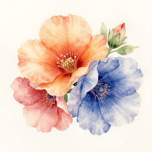Watercolor illustration of vibrant flowers: orange and red blossoms with yellow stamens, and blue flowers with purple accents, set against a white background