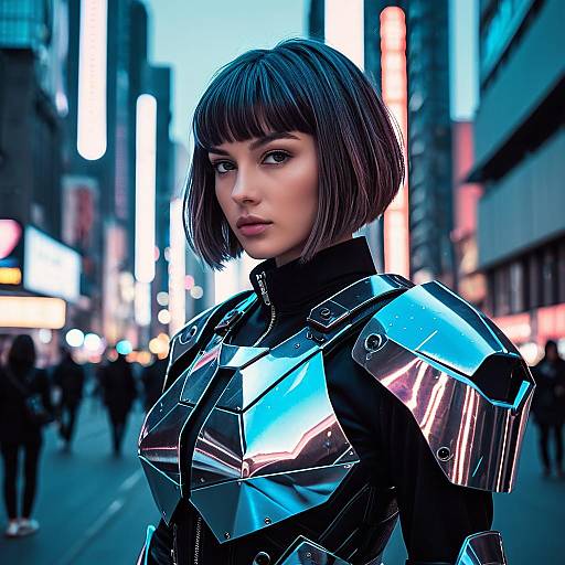 Young Woman in Futuristic Armor with Asymmetrical Bob Hairstyle