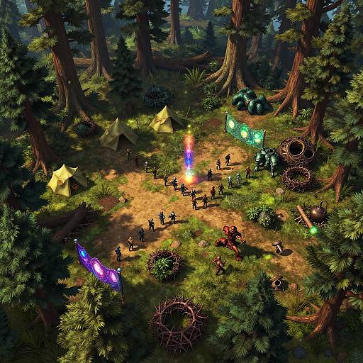 Digital fantasy forest scene with glowing lights, small figures, yellow tents, green and purple orbs, and a circular nest, surrounded by towering trees.