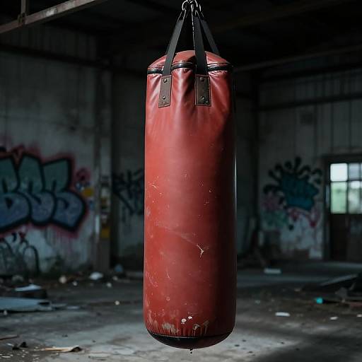 Photograph of a worn red boxing punching bag hanging in a dimly lit, graffiti-covered, abandoned warehouse with broken windows.