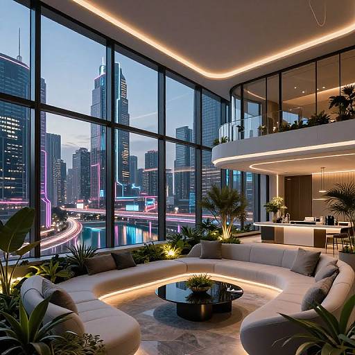 Photograph of a modern, luxurious urban living room with circular white sofas, illuminated floor lights, cityscape view through floor-to-ceiling windows, and