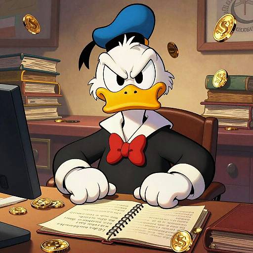 Digital cartoon of Donald Duck, wearing a blue beret and red bowtie, angrily typing at a desk with stacks of gold coins and books in the