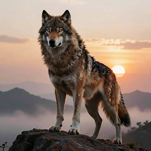 Digital artwork of a majestic, golden-brown wolf with intricate, glowing patterns on its fur, standing on a rocky outcrop at sunset, with mist