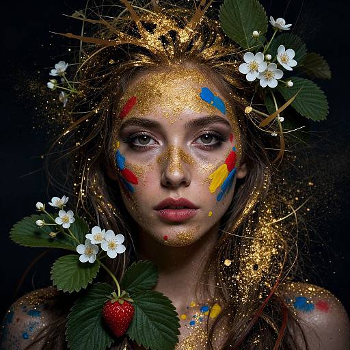Photograph of a woman with golden glitter face, blue and red paint, white flowers, strawberry, and leaves in dark background.