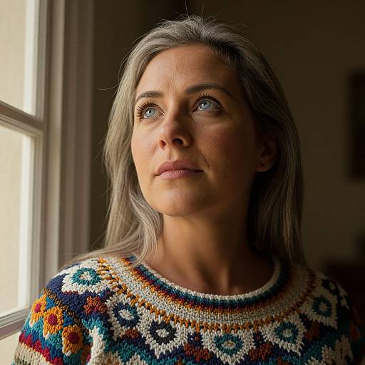 Photograph of a middle-aged woman with gray hair, blue eyes, and fair skin, wearing a colorful, patterned knit sweater, gazing thought