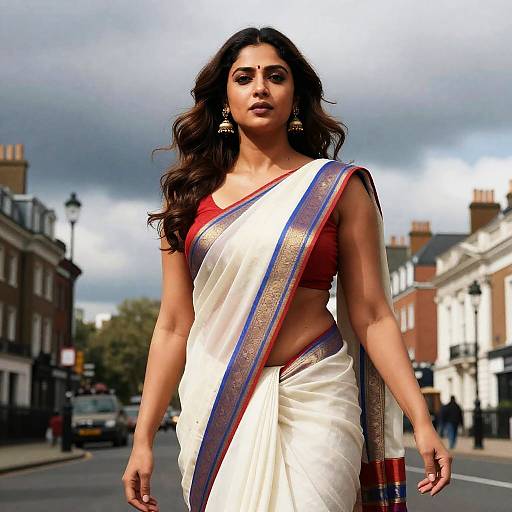 Indian Woman in Traditional Saree Walking in London