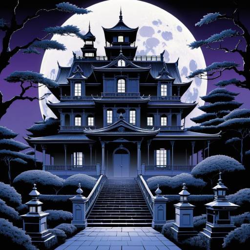 Manga-Style Haunted Mansion with Full Moon