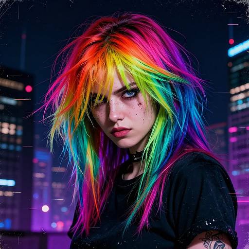 Defiant Character with Patchy Rainbow Hair