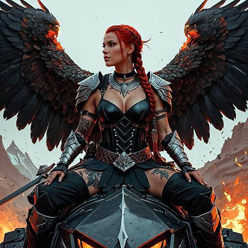 Fiery Red-Haired Warrior Woman with Armored Wings