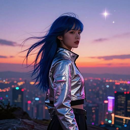 Photograph of an Asian woman with blue hair in a silver metallic jacket, standing against a twilight cityscape with colorful lights.