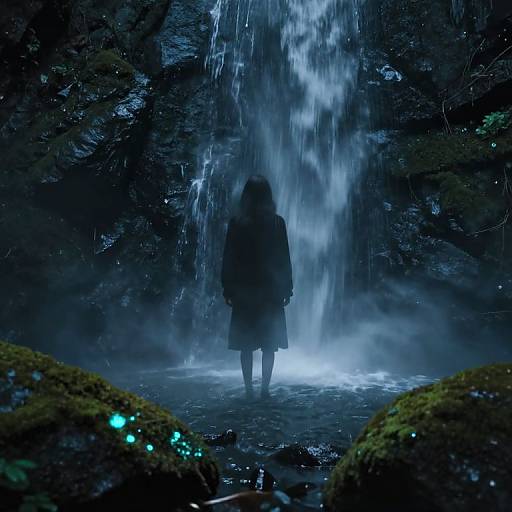 Pixu Shadow Behind Misty Waterfall