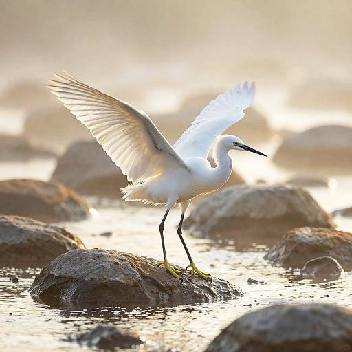 Photograph of a white egret with outstretched wings standing on a rock in a sunlit, rocky waterbody, glowing in the soft light.