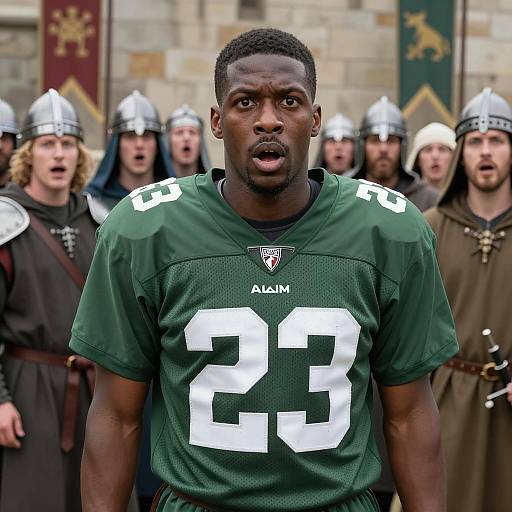 Surprised Man Among Medieval Crowd