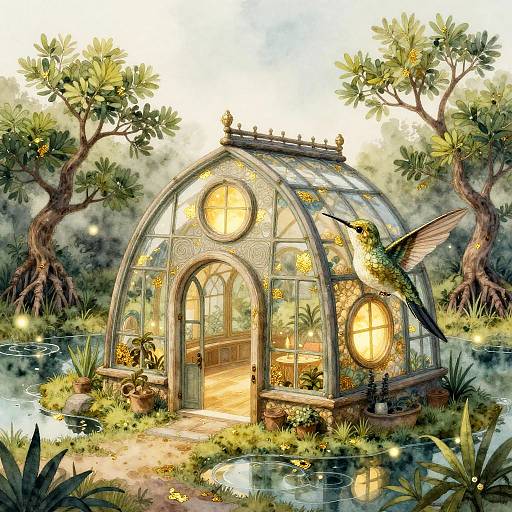 Whimsical Hummingbird Greenhouse Illustration