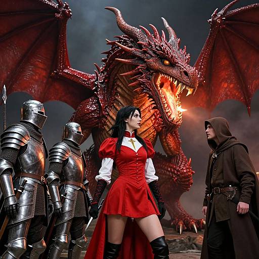 Digital fantasy artwork: Red-dressed woman with black hair stands confidently before armored knights and a roaring red dragon with fiery breath.