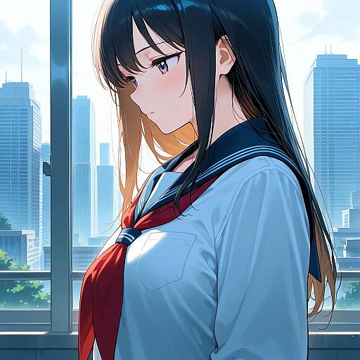Anime Girl in School Uniform with Cityscape Background