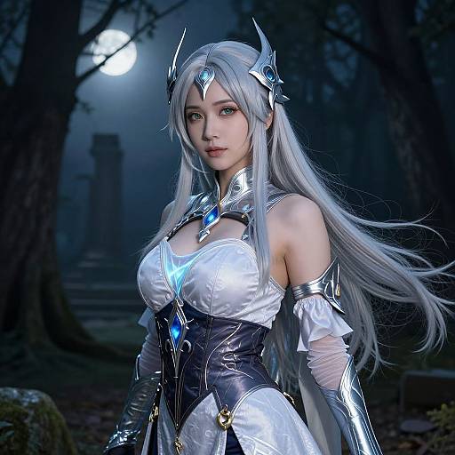 Digital artwork of a beautiful, silver-haired, blue-eyed female warrior in a glowing, silver and black fantasy armor in a dark, moonlit forest.