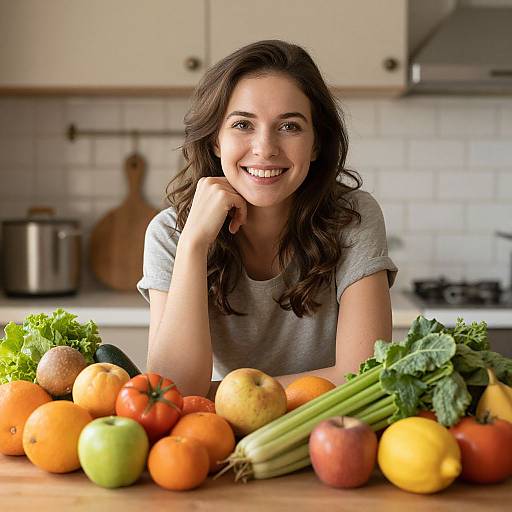 Photograph of a smiling young woman with wavy brown hair, wearing a gray shirt, sitting at a kitchen counter with various colorful fruits and vegetables in
