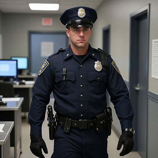 Photograph of a serious-looking male police officer in a dark blue uniform, black gloves, and cap, standing in a modern, brightly lit office hallway