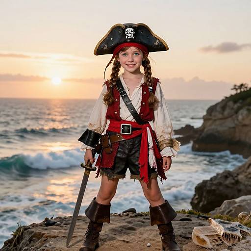 Photograph of a young girl dressed as a pirate at sunset on a rocky coastline, wearing a tricorn hat, red vest, and black boots,