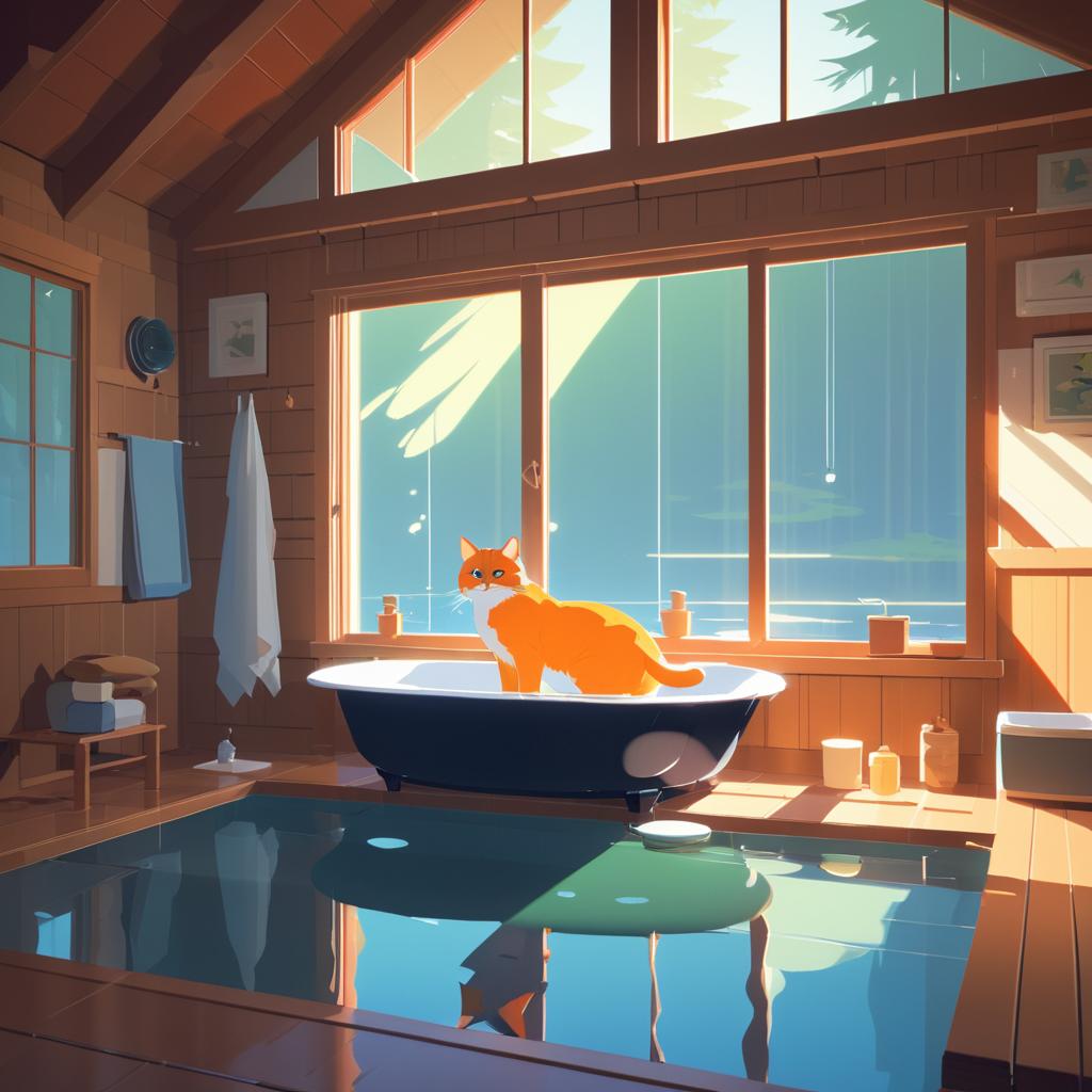 Cozy Cat Bathing in a Cabin Scene