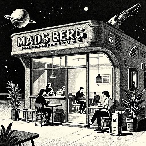 Black-and-white illustration of a retro-style 