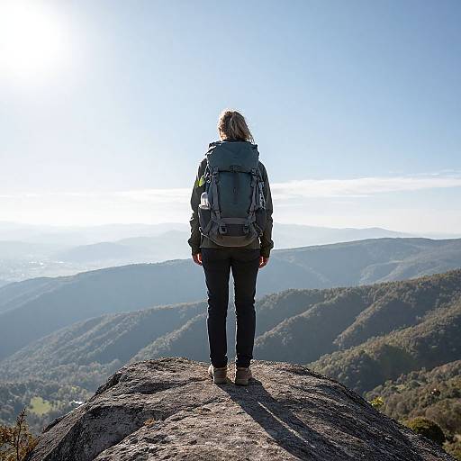 Photograph of a person with a backpack standing on a rocky mountain peak, facing a vast, sunlit, forested valley landscape.