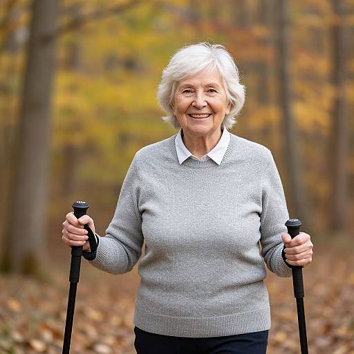 Smiling Elderly Woman Nordic Walking